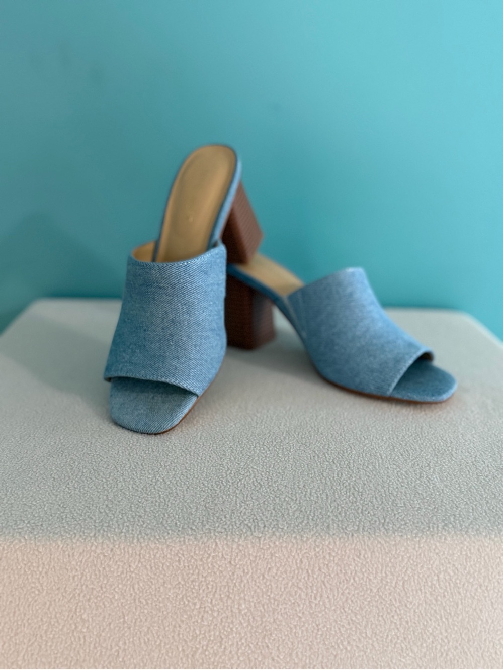 Nine West Light Blue Denim Mule Sandals Block Heel Slip On Open Toe 6M